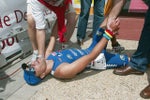 Bert Jammaer collapses after crossing the finish line. Photo: Bob Foy Bert Jammaer collapses after crossing the finish line. Photo: Bob Foy