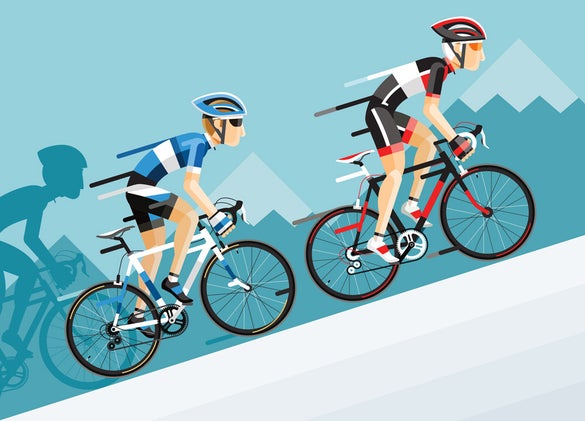 Cartoon cyclists illustration riding uphill