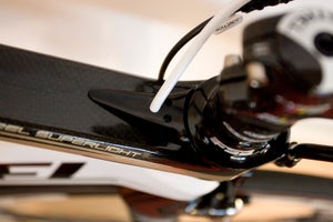 Internal cable routing will port into the frame at this guide at the front of the top tube.