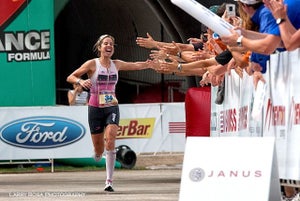 Macel celebrates her Ironman Lake Placid victory in 2009. Photo: Larry Rosa