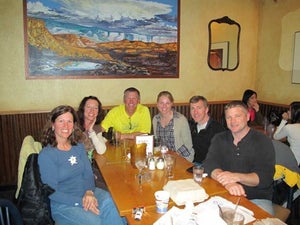 Road Trippin' Triathlete I met up with Amy (far left) and her friends for dinner after their race earlier that day.