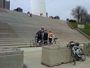 Road Trippin' Triathlete Big Shark manager Kevin, “walking St. Louis encyclopedia” Ann, former St. Louis Rams strength and conditioning coach and me by the Arch.