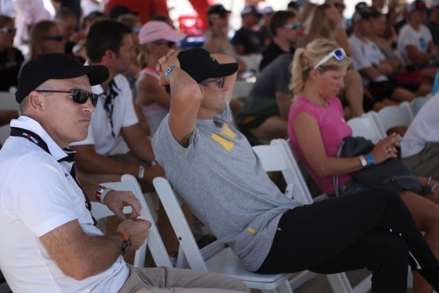 Messick and Armstrong at the Ironman 70.3 Texas pro meeting. Photo: Steve Godwin