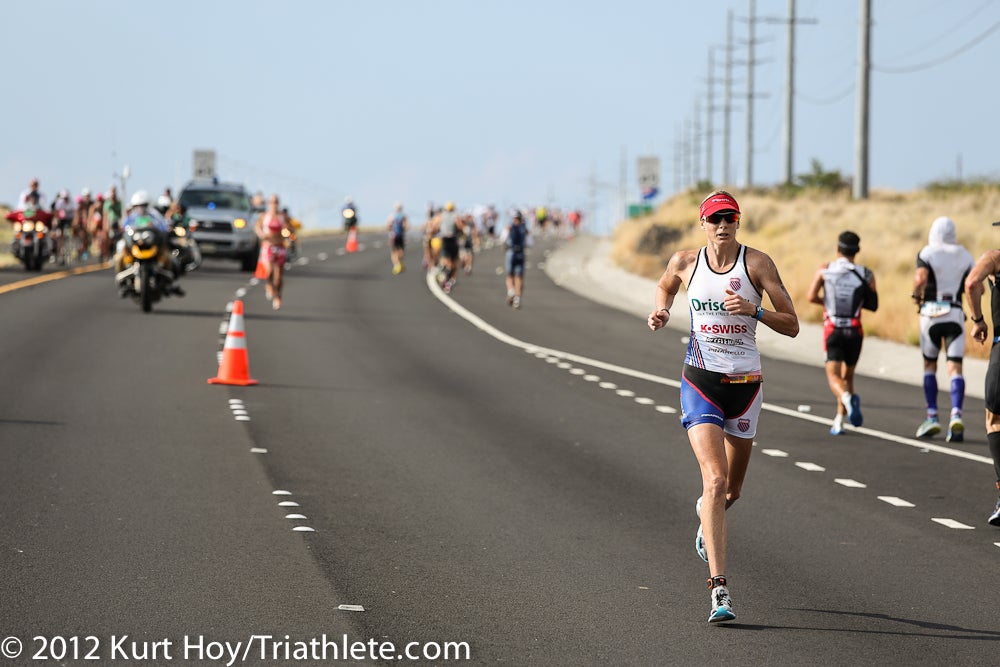 Leanda Cave ahead of Caroline Steffen at the 2012 Ironman World Championship. Photo: Kurt Hoy