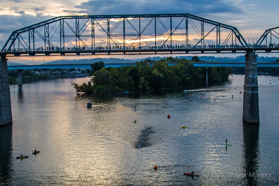 The overhead view of the Ironman Chattanooga swim course from the Walnut Street Bridge. Photo: Nick Morales