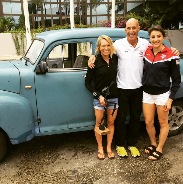 Americans Renée Tomlin and Kirsten Kasper with USA Triathlon Board of Directors President Barry Siff.