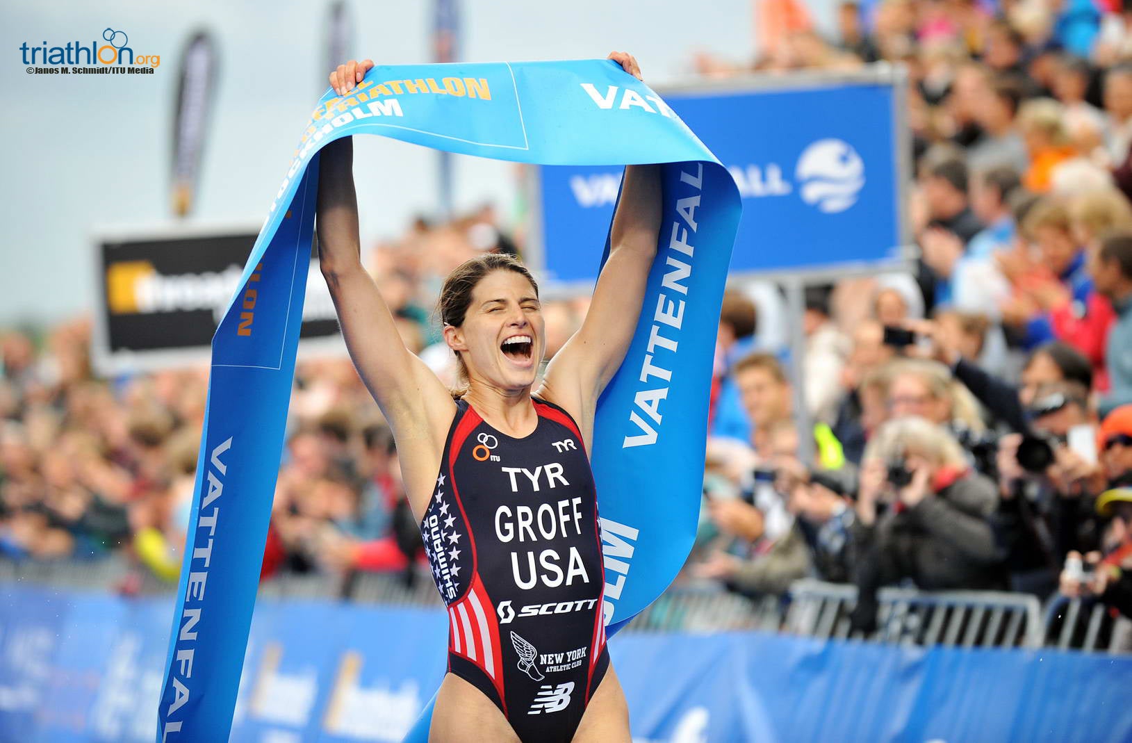 Sarah True (née Groff) won her first WTS race in Stockholm in 2014. Photo: Janos Schmidt/Triathlon.org