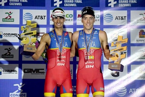 Mario Mola (1st) and Fernando Alarza (3rd) make up the final WTS podium. Jonathan Brownlee (2nd) continued to receive medical treatment during the medal ceremonies. Photo: Triathlon.org
