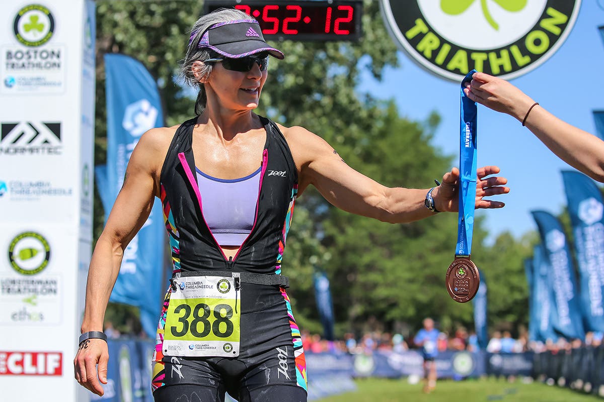 An athlete finishes the 2017 Boston Triathlon. Photo: Kevin Morris