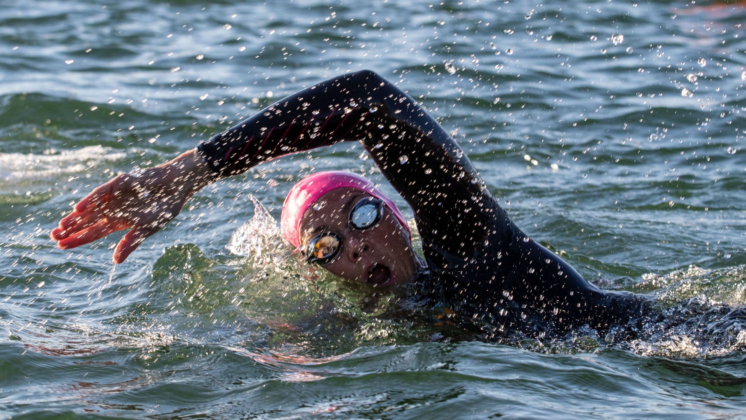A swimmer demonstrates bilateral breathe for triathlon.