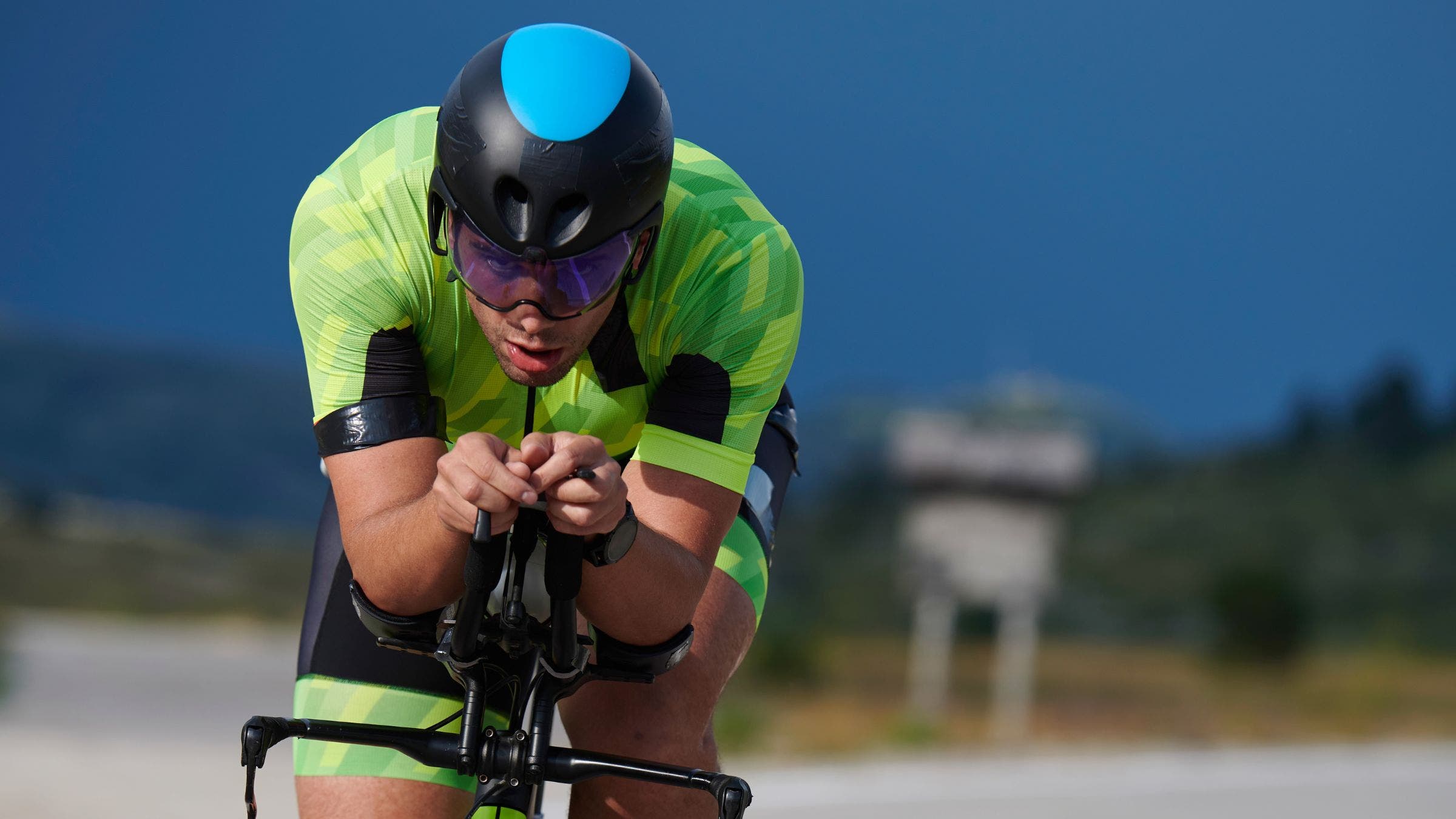 A triathlete on a bike using a one-hour workout to work on his FTP.