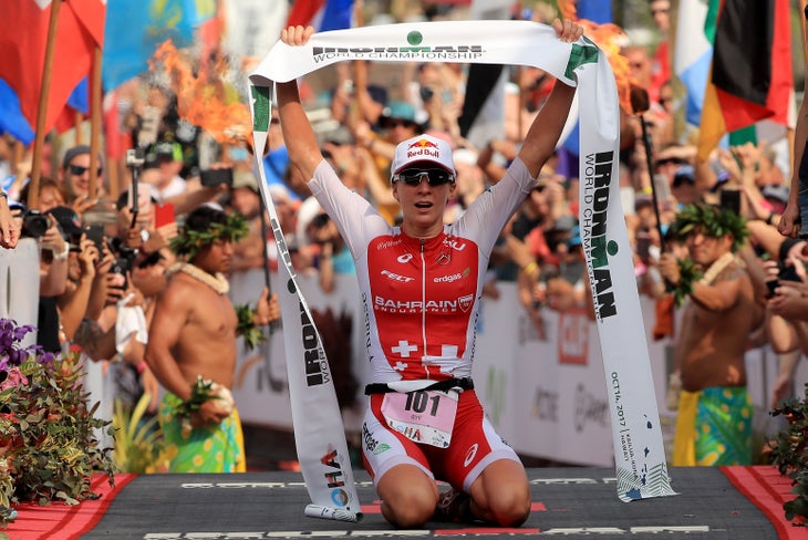 Ryf celebrates after winning the 2018 Ironman World Championship.