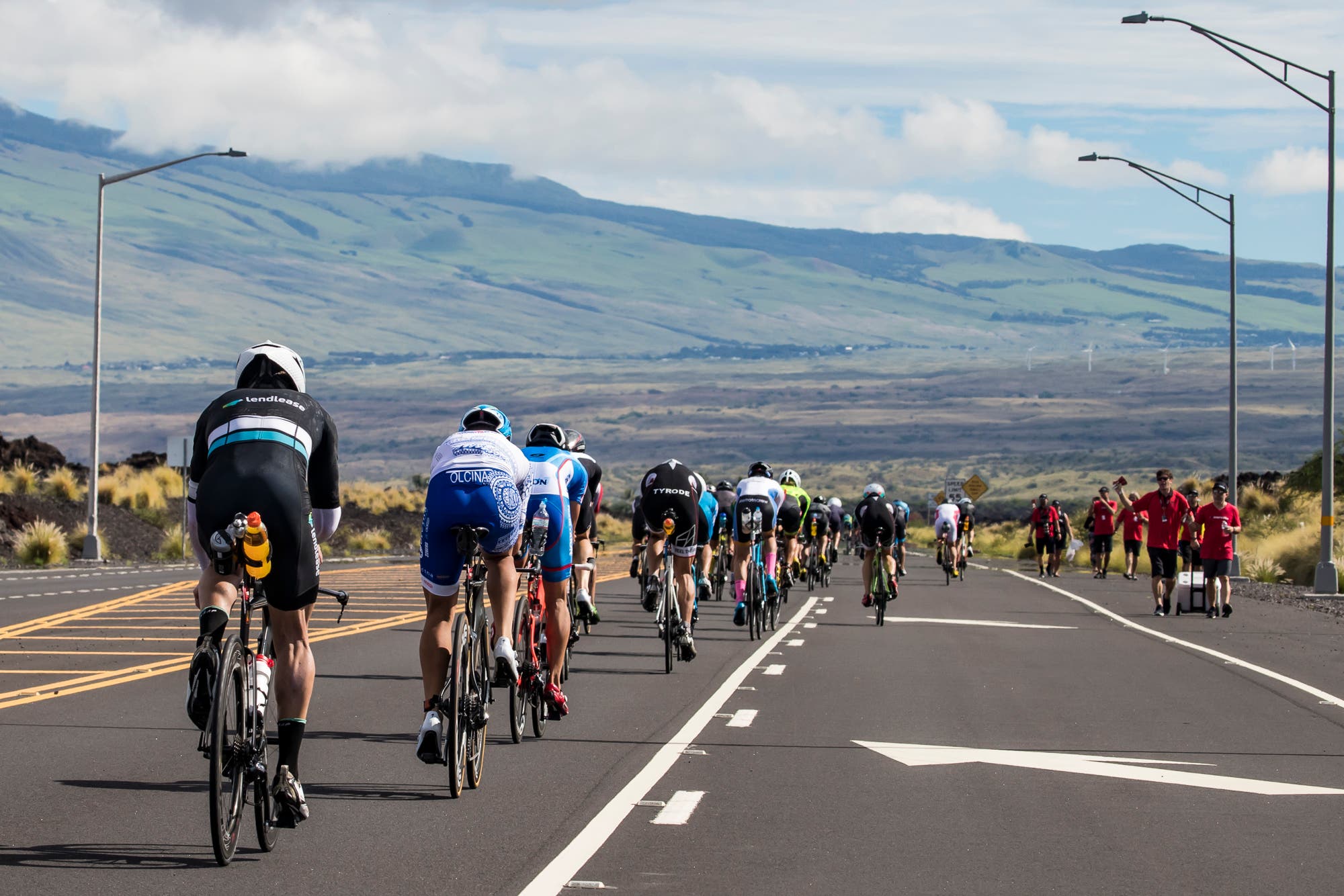 Athletes make their way to the Hawi turnaround in the Ironman Kona