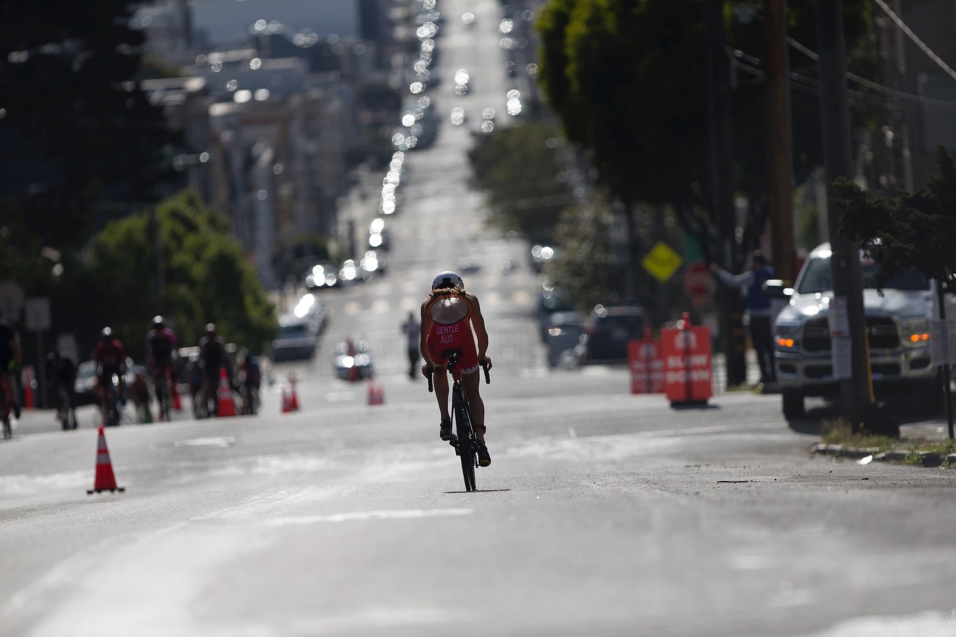 A triathlete rides the Escape from Alcatraz Triathlon Bike Course