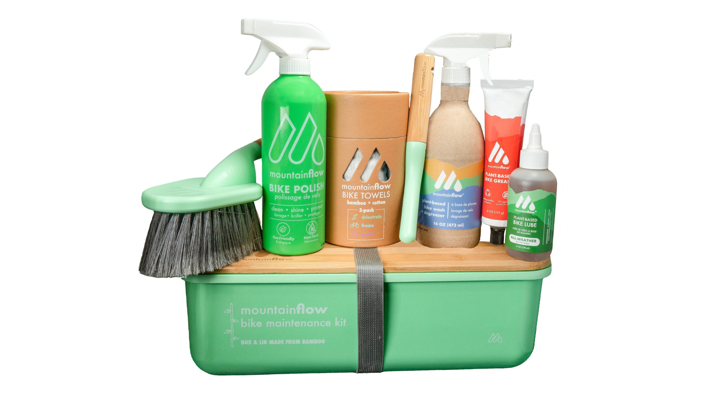 Mountain Flow Bike Cleaning Kit with Container, Sprays and Brush on White Background, Father's Day Gift for Triathletes