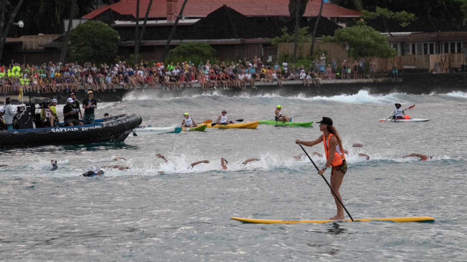 The pro men's start near the Kona pier at the 2019 Ironman World Championship.