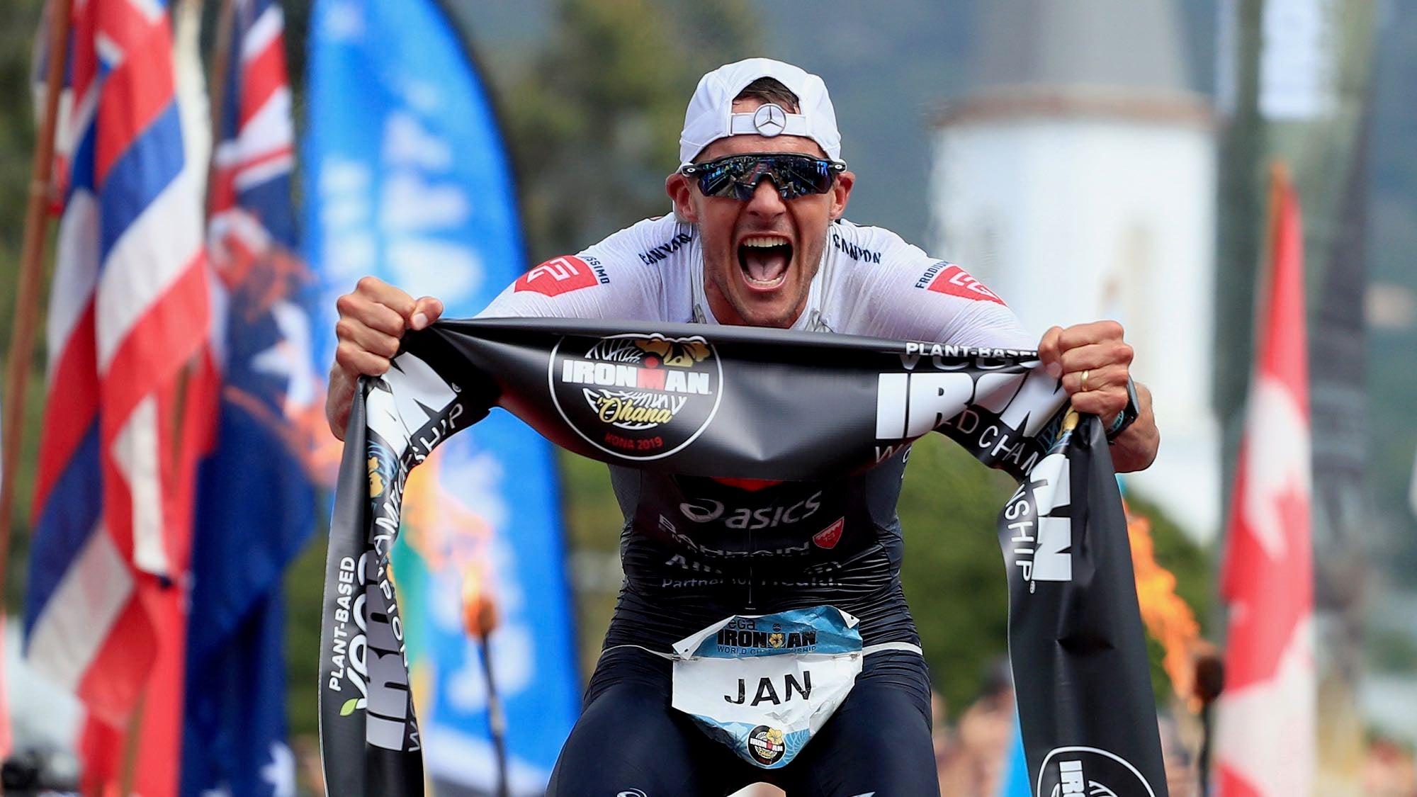 Jan Frodeno celebrates after winning 2019 Ironman World Championship