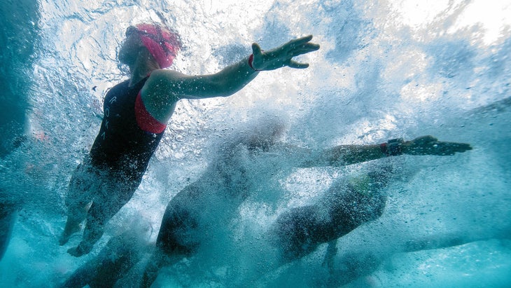 Swimmers drafting in a pack