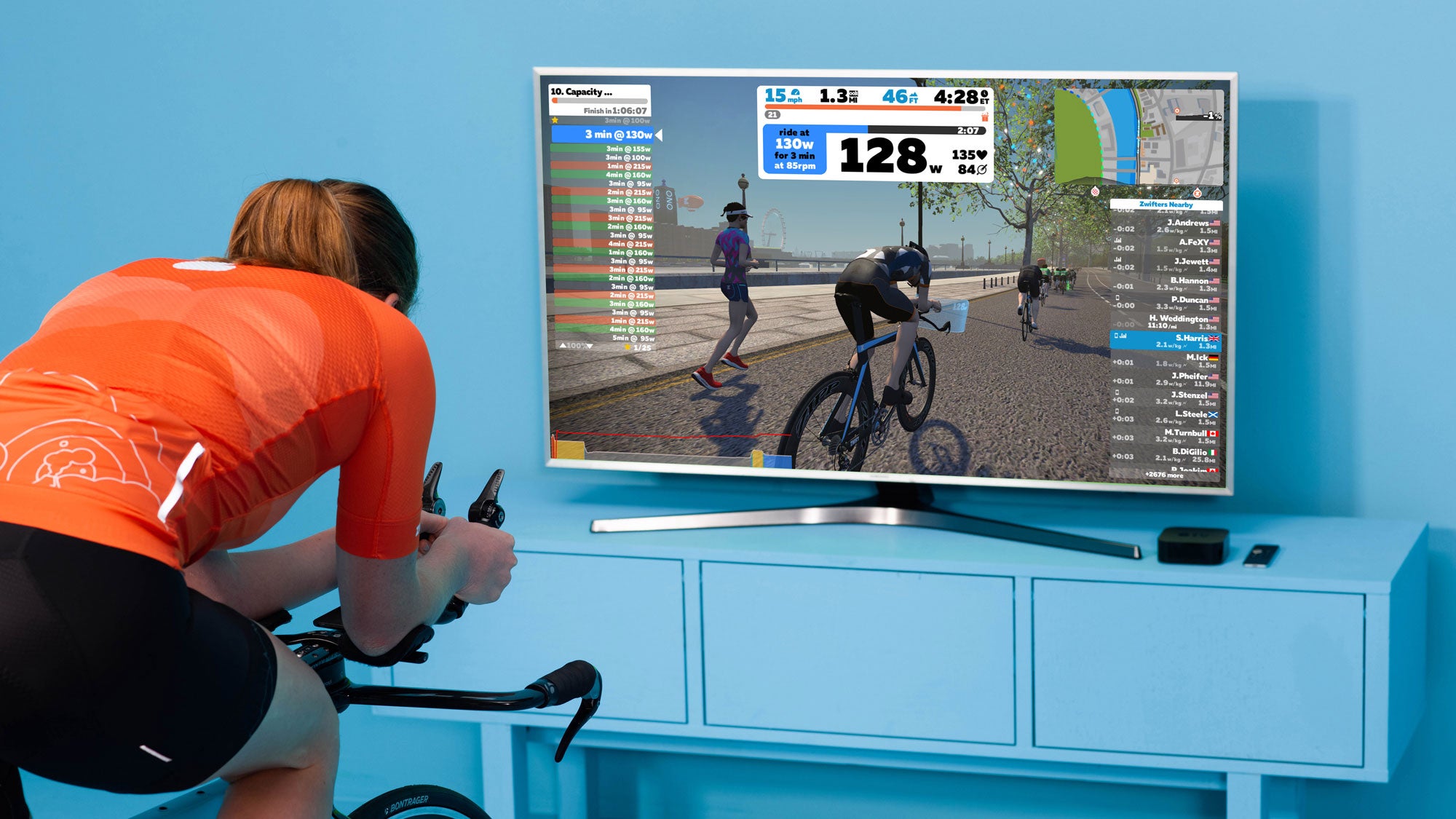 An athlete rides in Zwift.