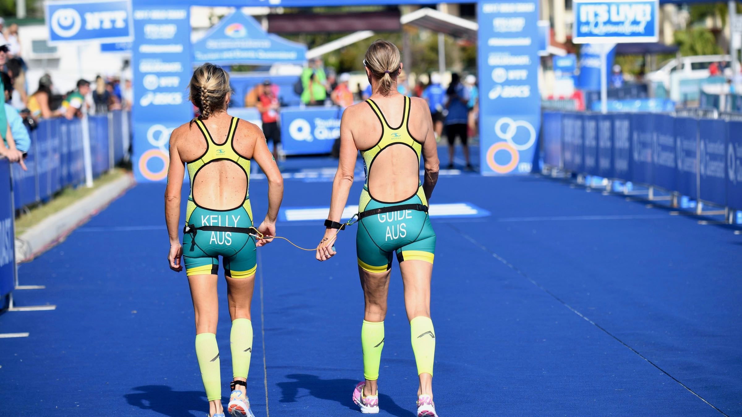 Michellie Jones and Katie Kelly during the ITU World Paralympic Championship Series Triathlon on April 8, 2017 in Gold Coast, Australia.