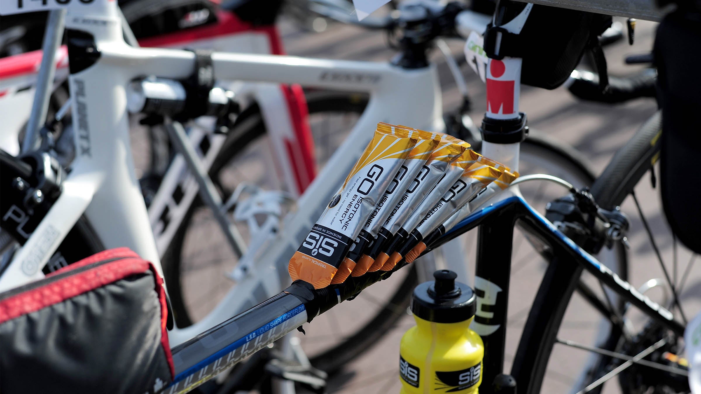 Gels taped on a bike before a race.