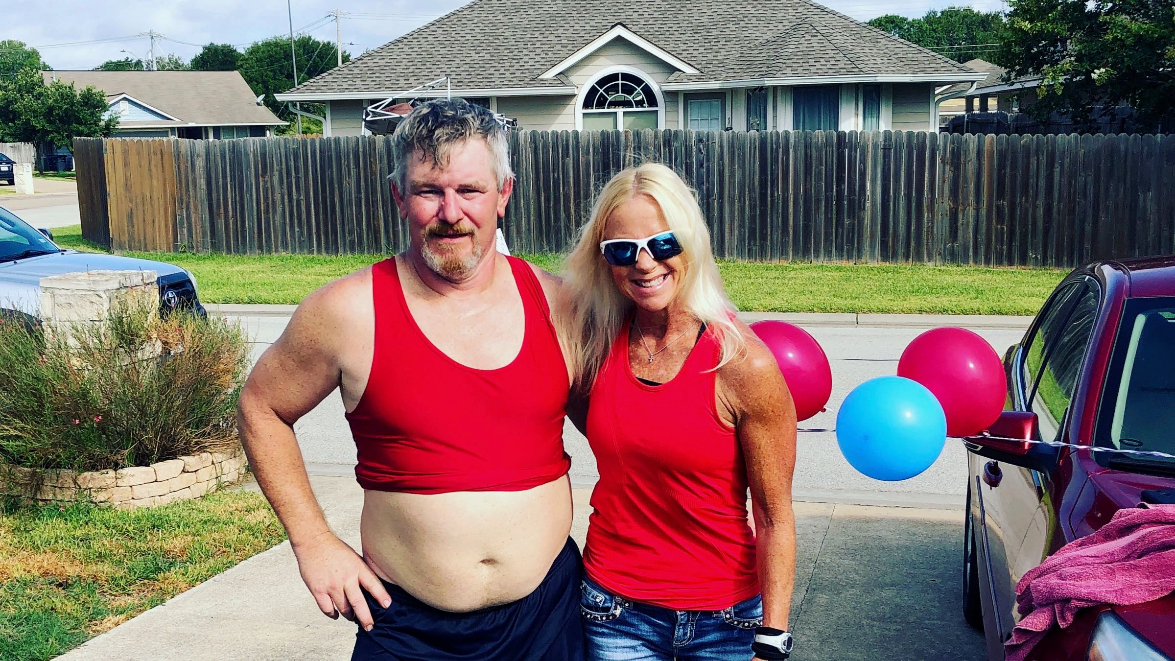 Coach Mary Timoney and her athlete Bret after he completed a virtual event.