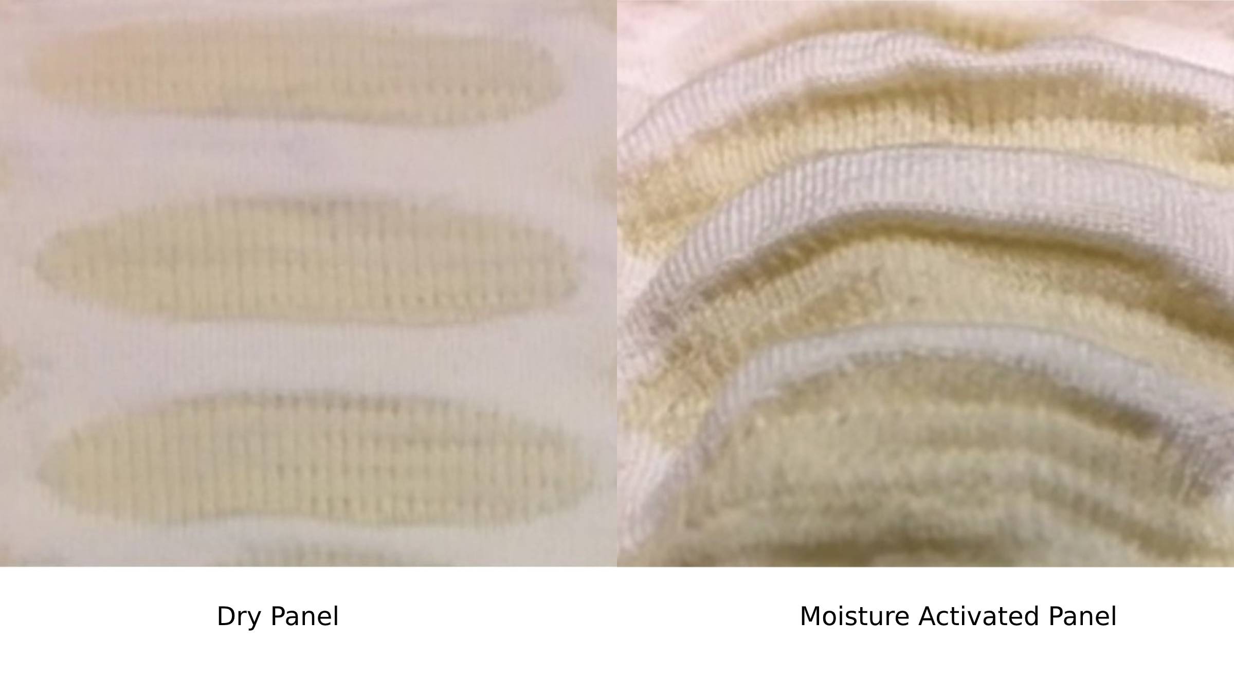 Flat white dry fabric next to moisture-activated expanded fabric