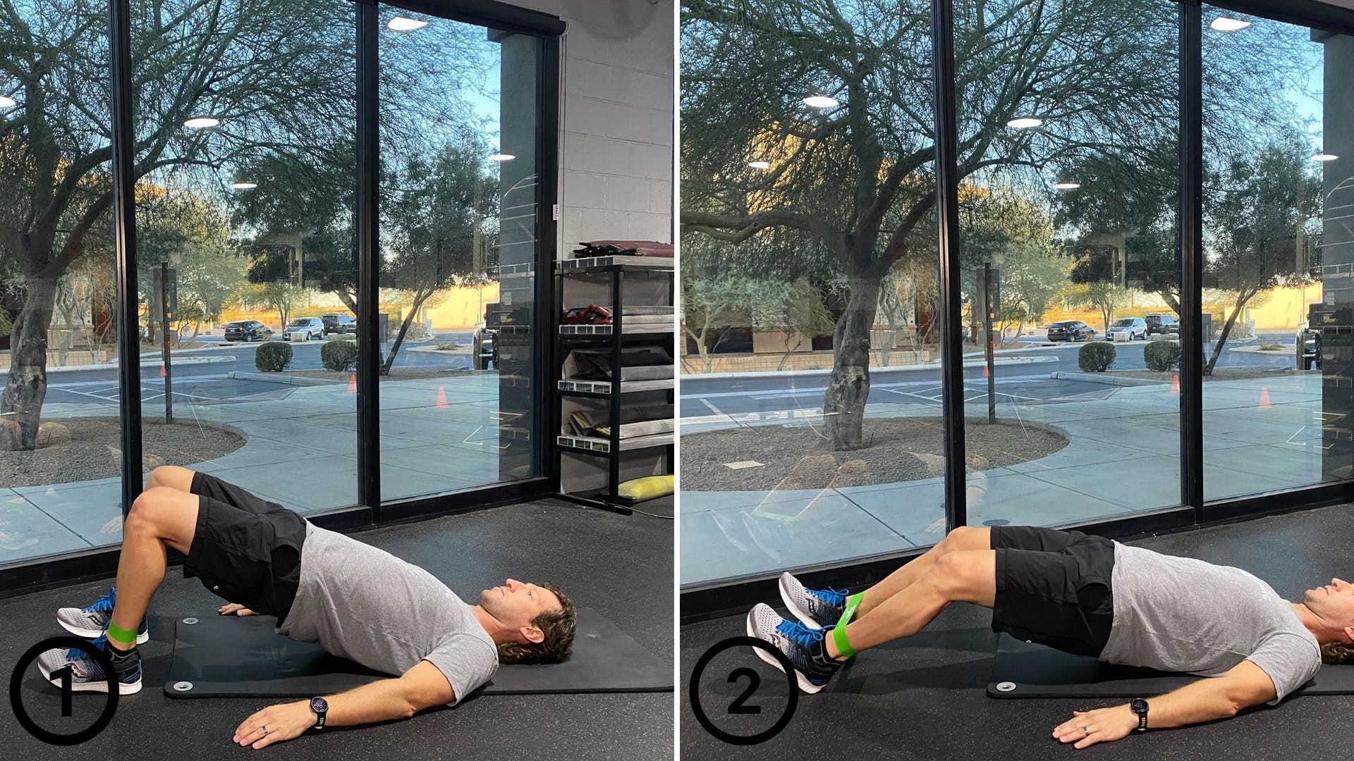 Hamstring walk-out resistance bands exercises: With the band around the ankles, knees bent, and lying on your back- lift the hips up off the ground creating a straight line from your knees to hips to shoulders.