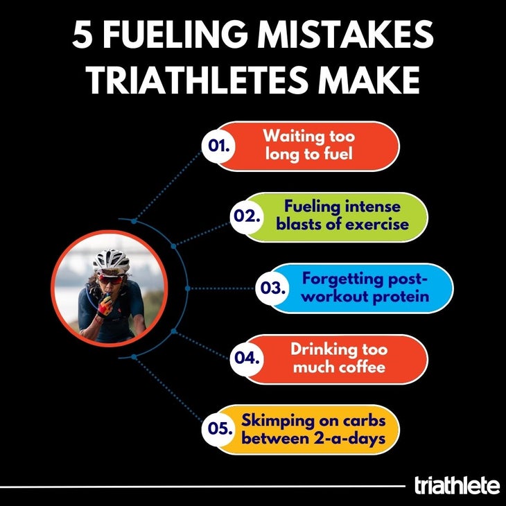 An infographic outlining the most common fueling mistakes triathletes make, according to a registered dietitian.
