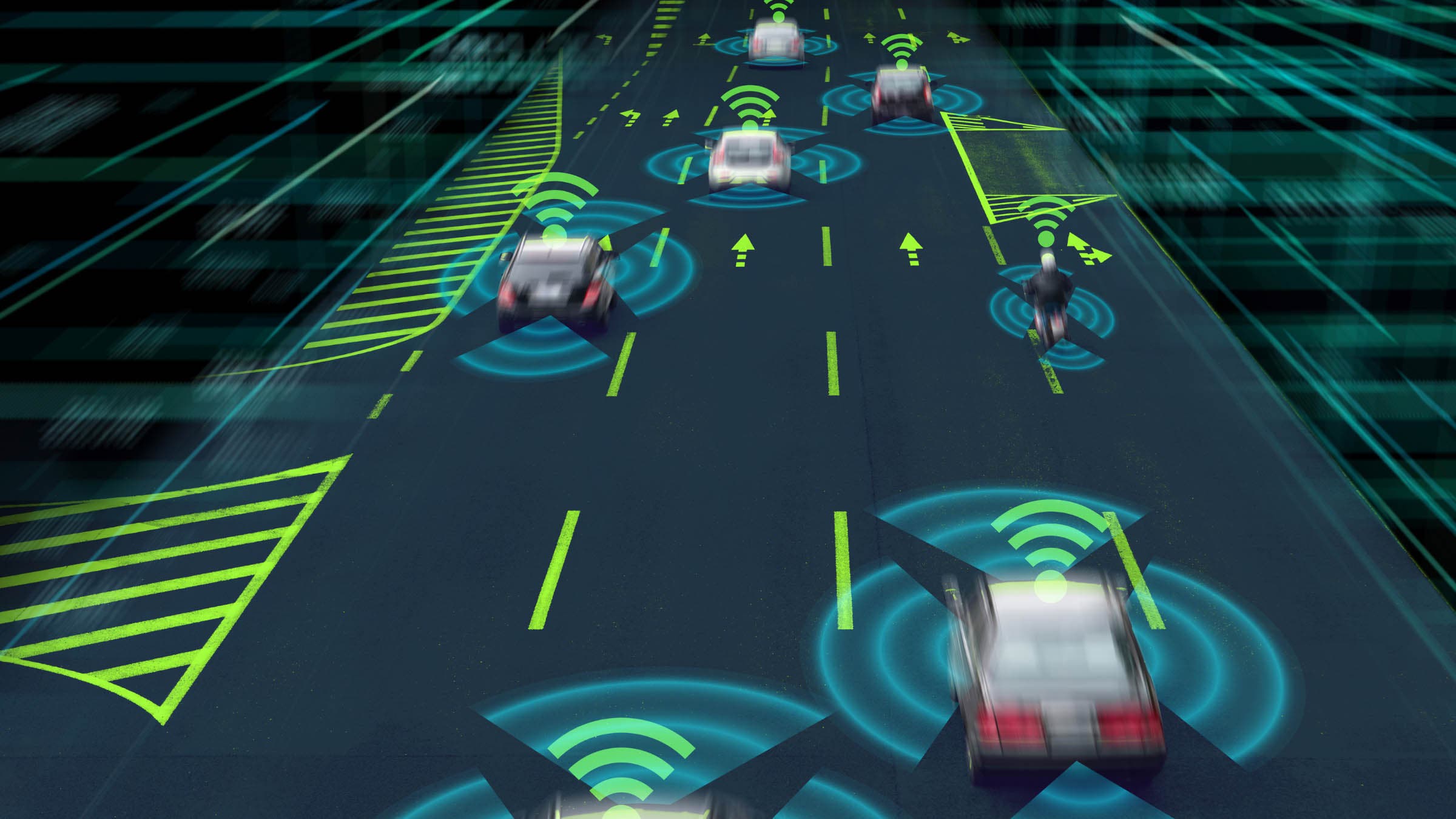 CGI render of driverless cars communicating with each other and bicycles