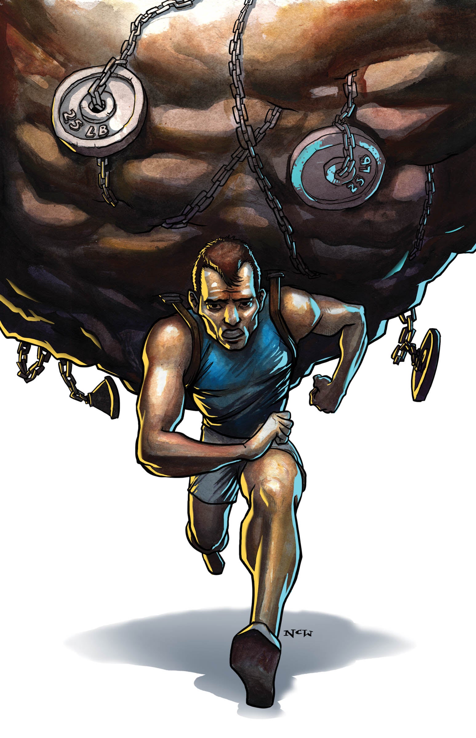 Illustration of man training with a boulder on his back