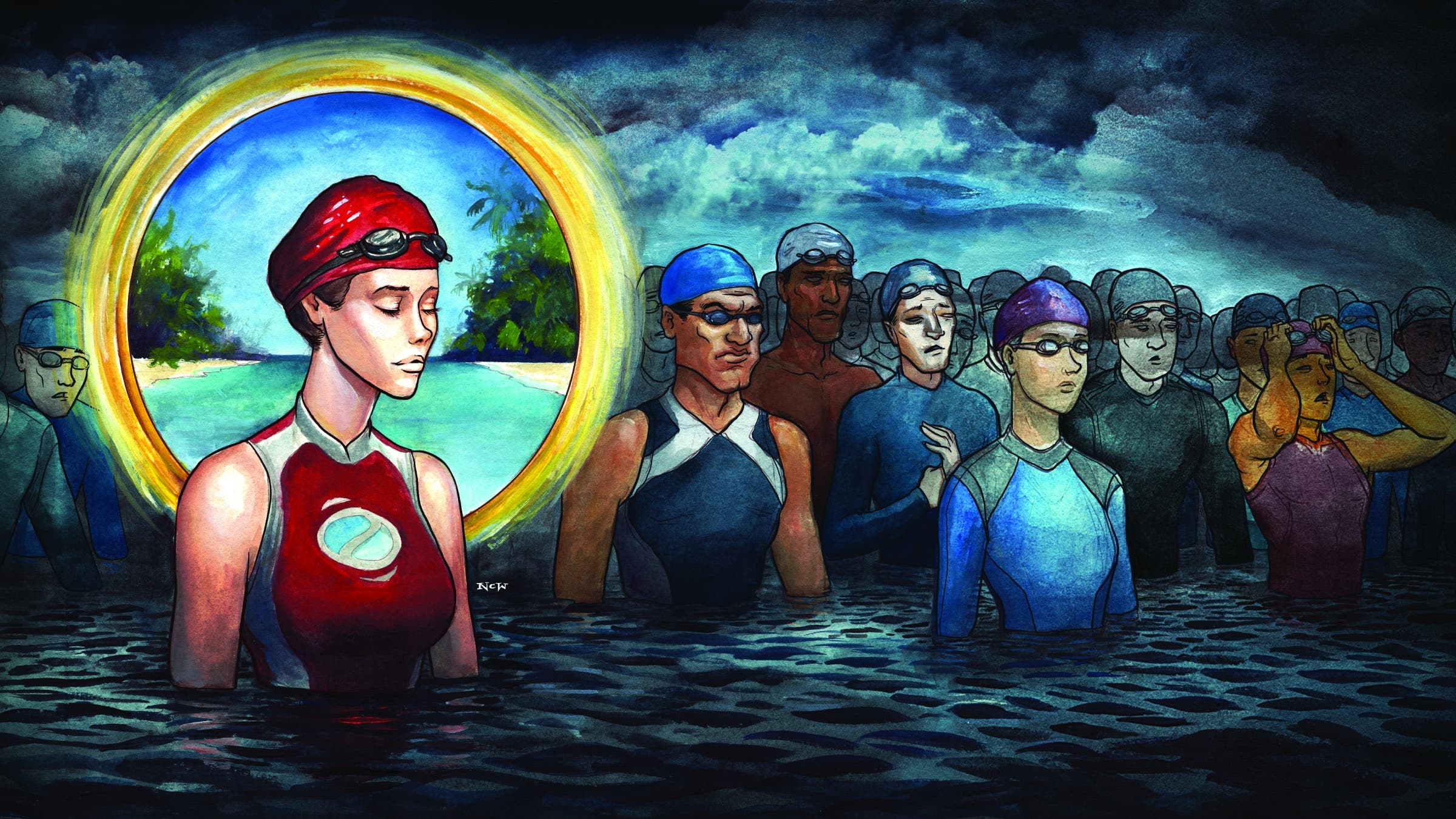 Illustration of triathlete visualizing good weather on a bad day