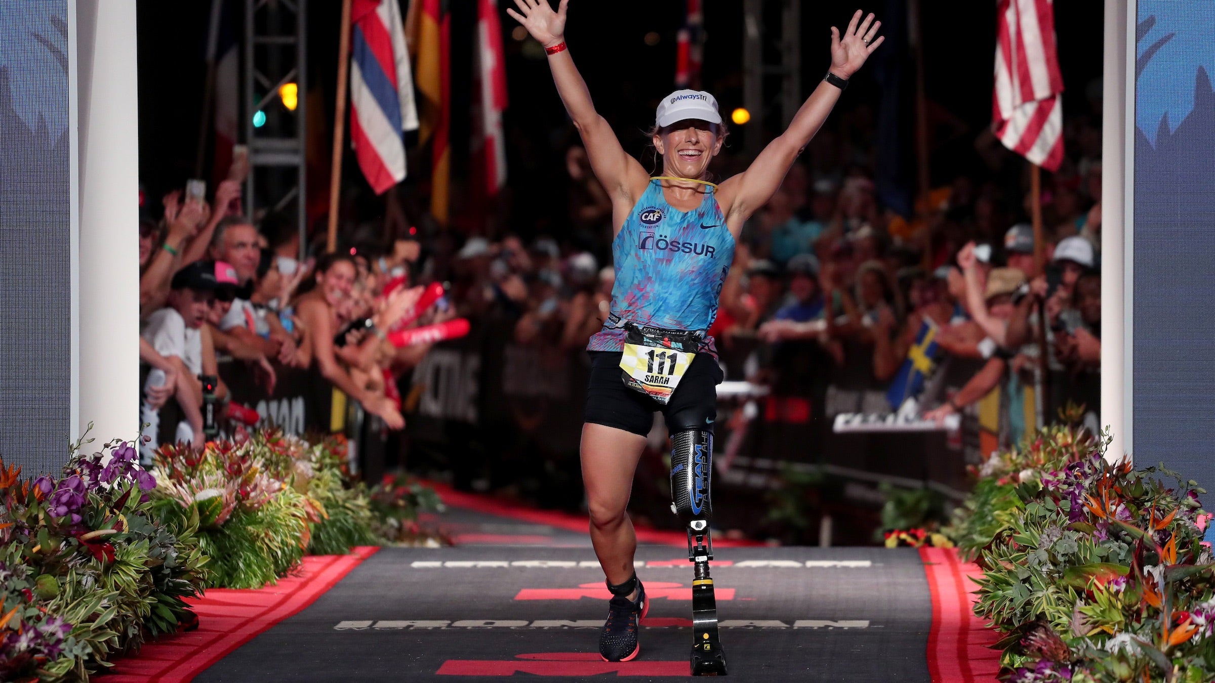 Sarah Reinertsen finishes Kona in 2018.