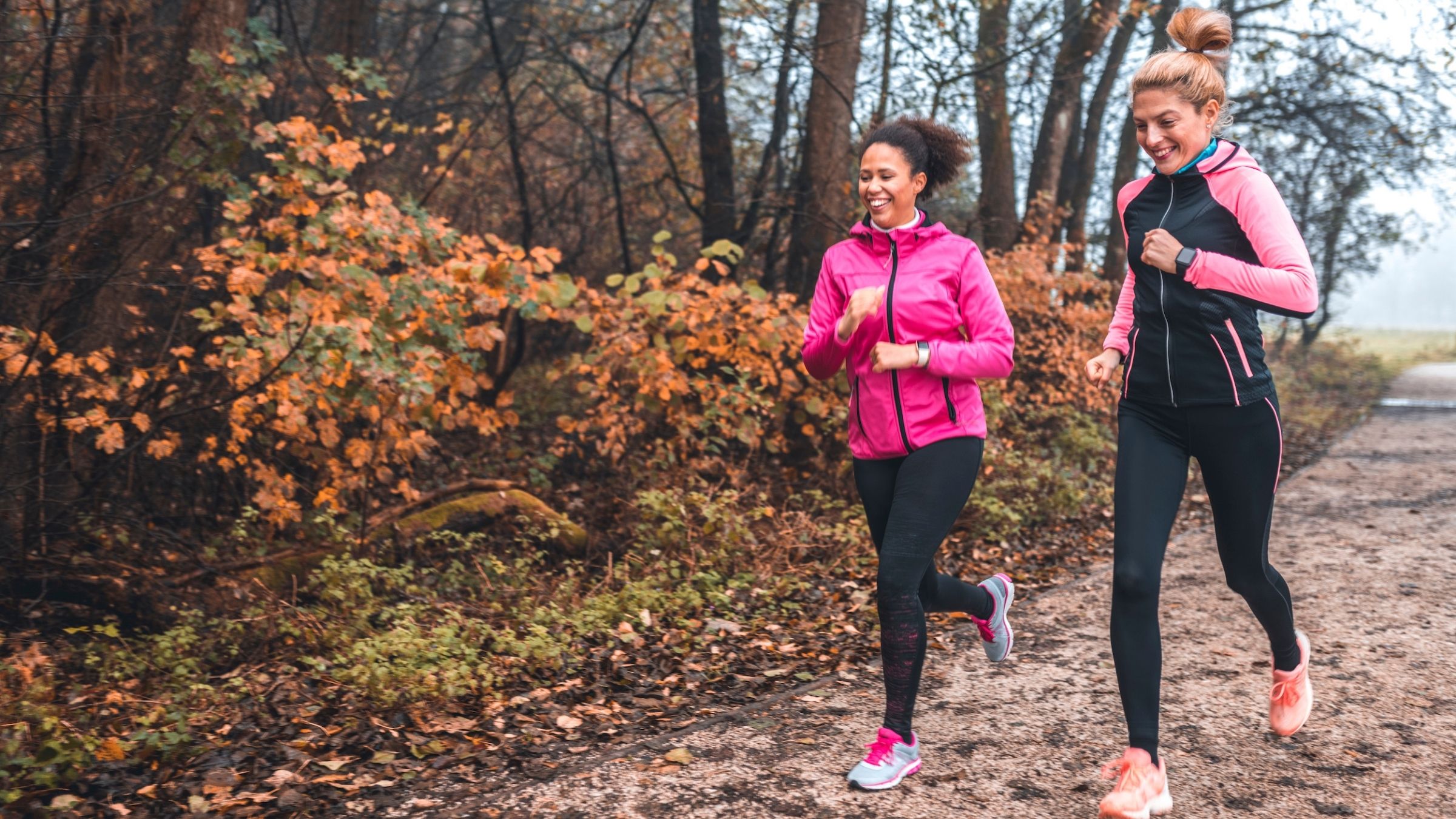 Runners doing a fall fartlek run through a colorful autumn forest.