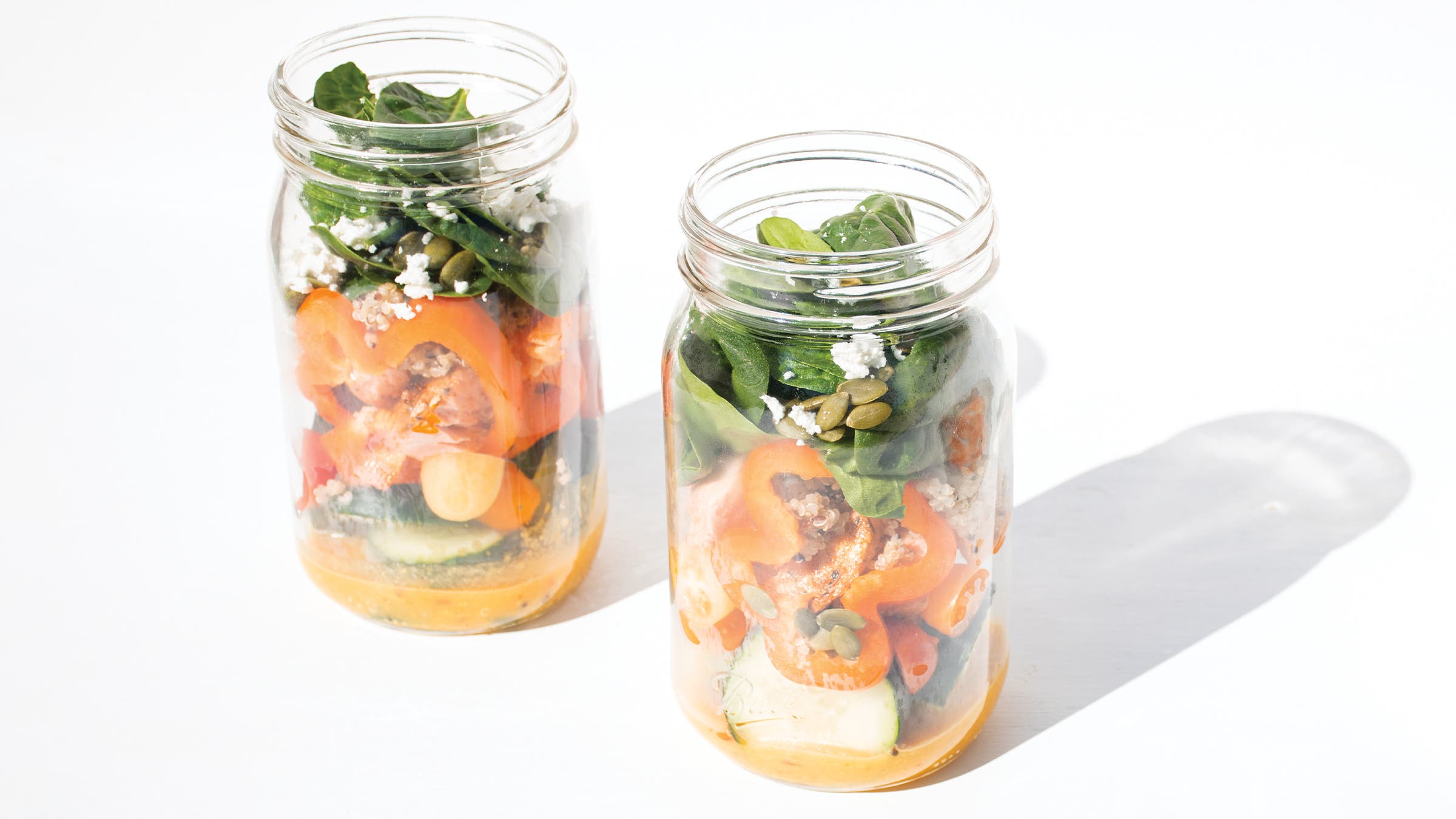 Roasted salmon mason-jar salads with mango dressing
