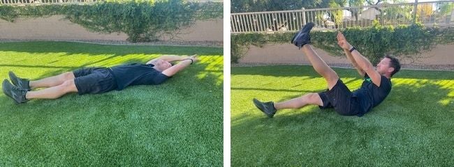 A triathlete does alternating v-ups, one of the best core exercises for triathletes.