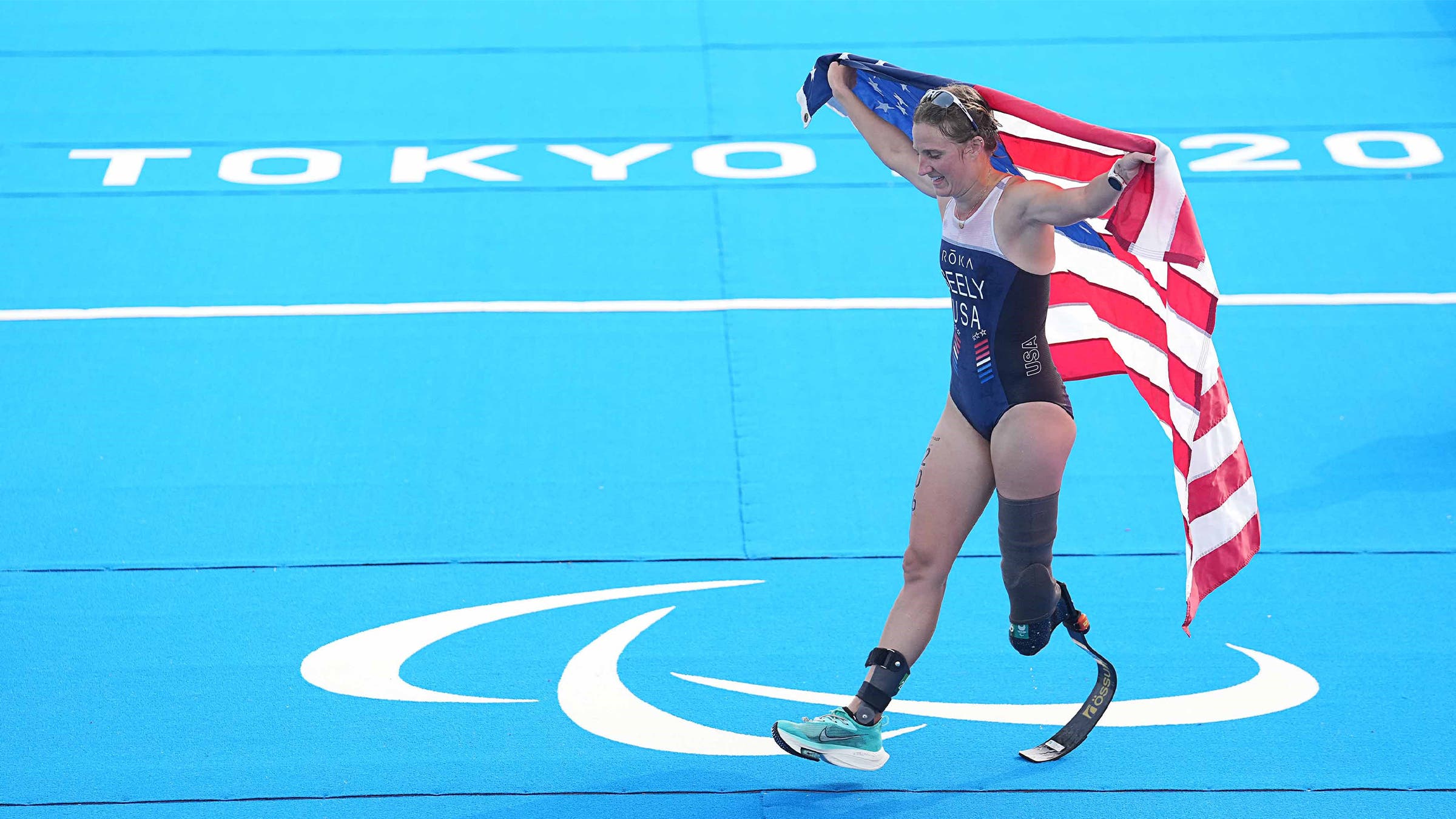 Allysa Seely celebrating at the finish line during the 2020 Tokyo Olympics