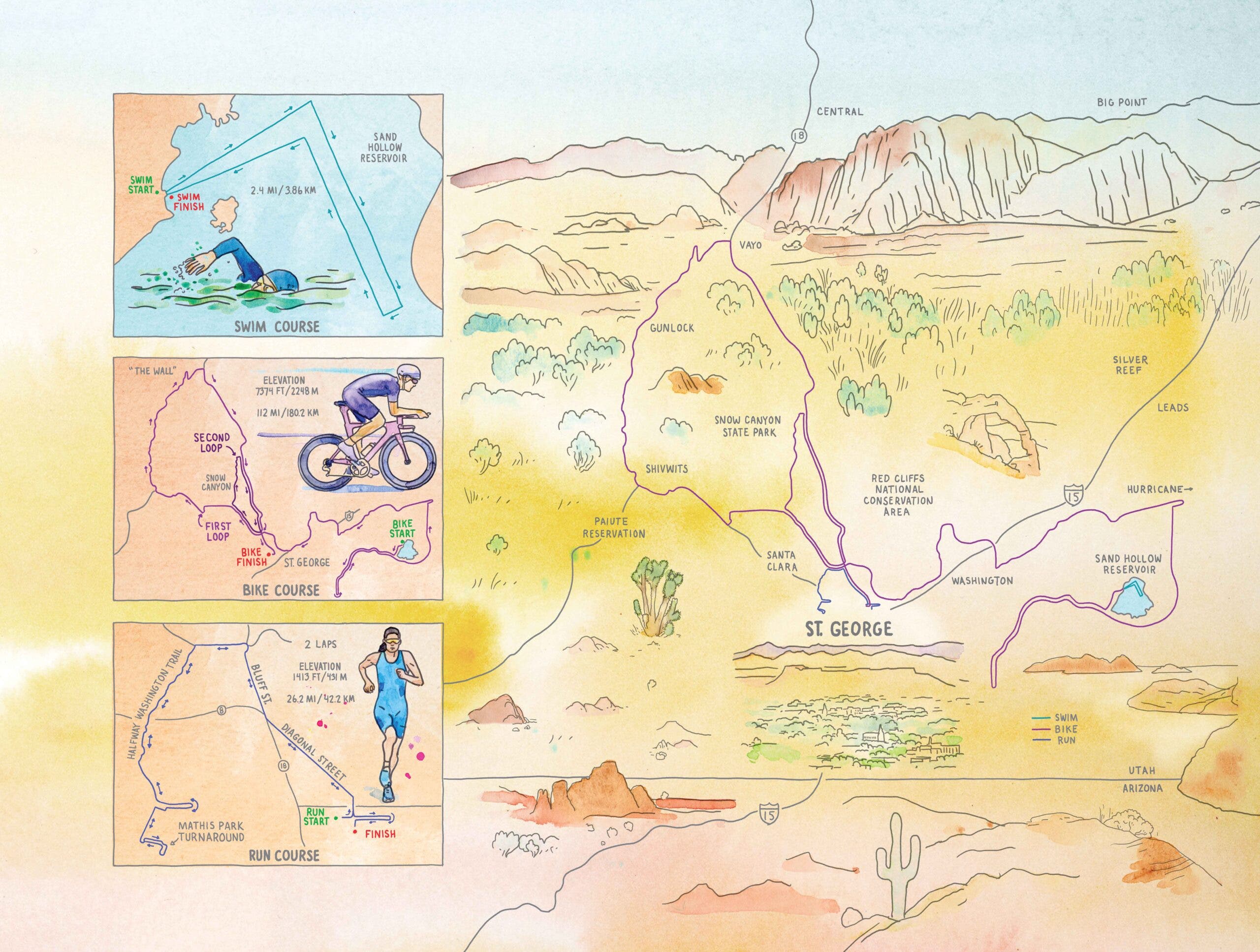 Illustrated map of the 2022 Ironman St. George course