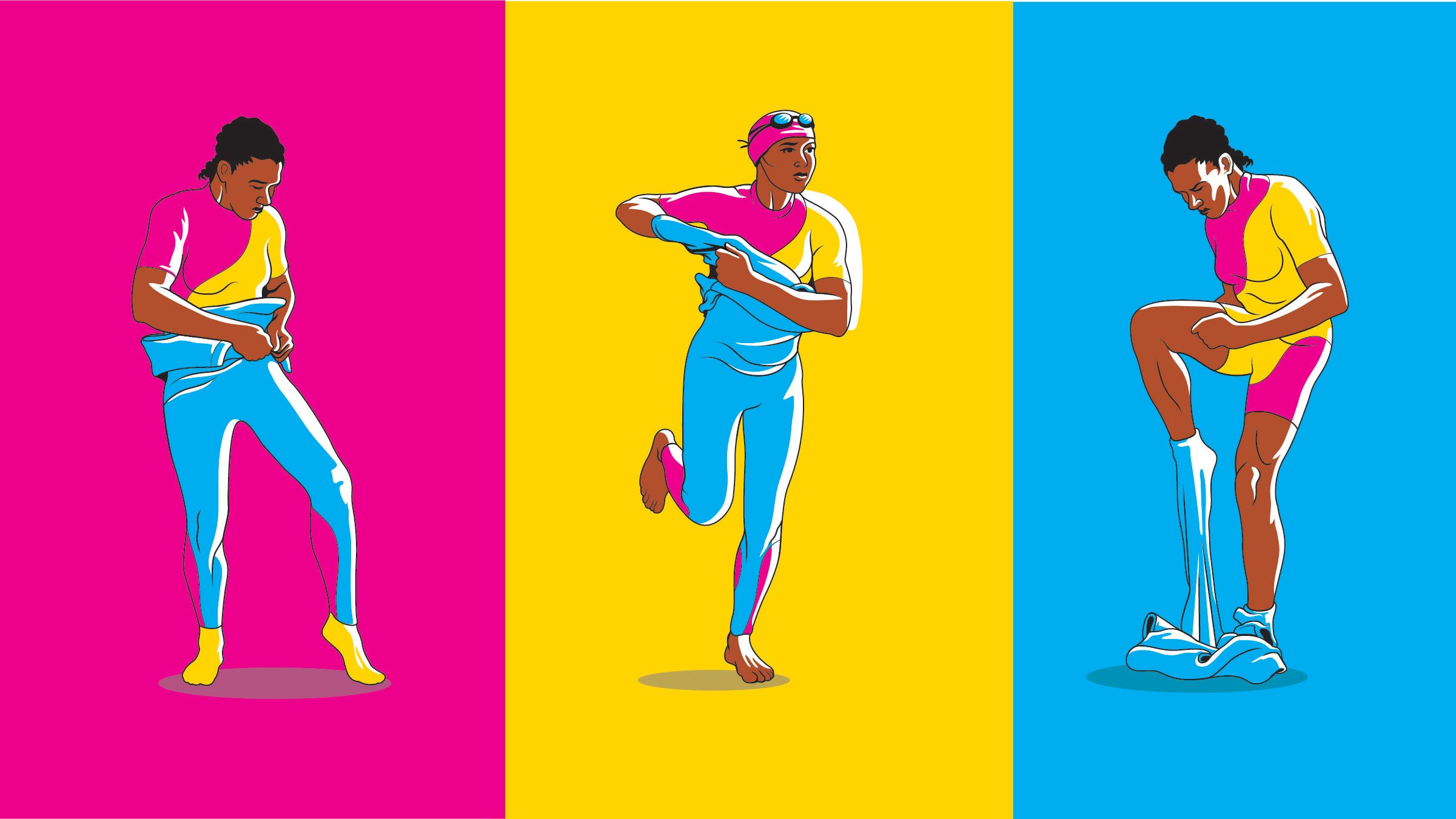 An illustration showing how to get your triathlon wetsuit on (and off).