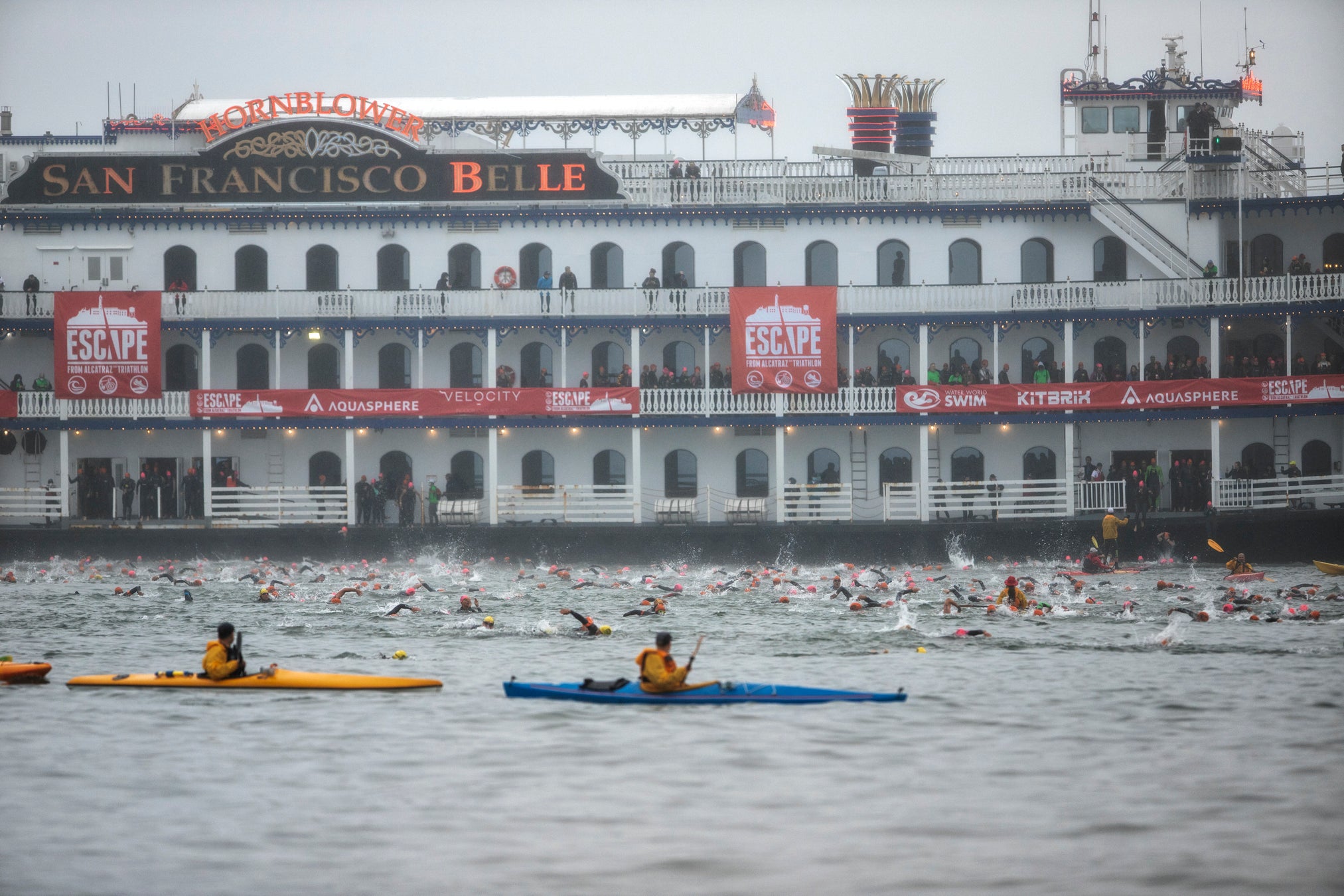 The Escape from Alcatraz Triathlon Swim Course kicks off with a dive off a ferry.