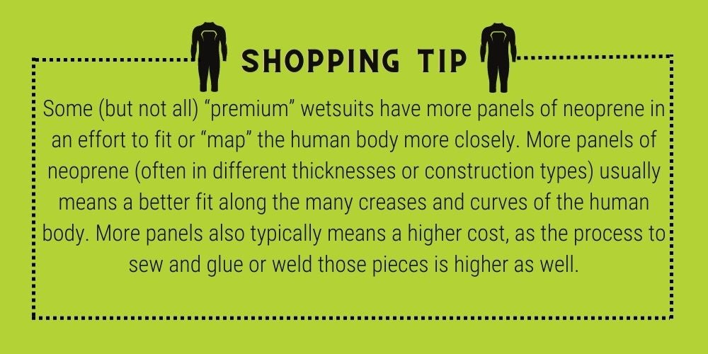 It’s also worth noting that some (but not all) “premium” wetsuits will have more panels of neoprene in an effort to fit or “map” the human body more closely. More panels of neoprene (often in different thicknesses or construction types) usually means a better fit along the many creases and curves of the body. More panels also typically means a higher cost, as the process to sew and glue or weld those pieces is higher as well.