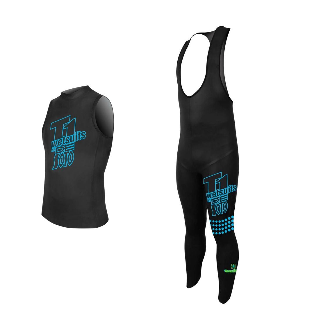 The De Soto t1 speedvest and black pearl bibjoh, reviewed as best triathlon sleeveless wetsuit