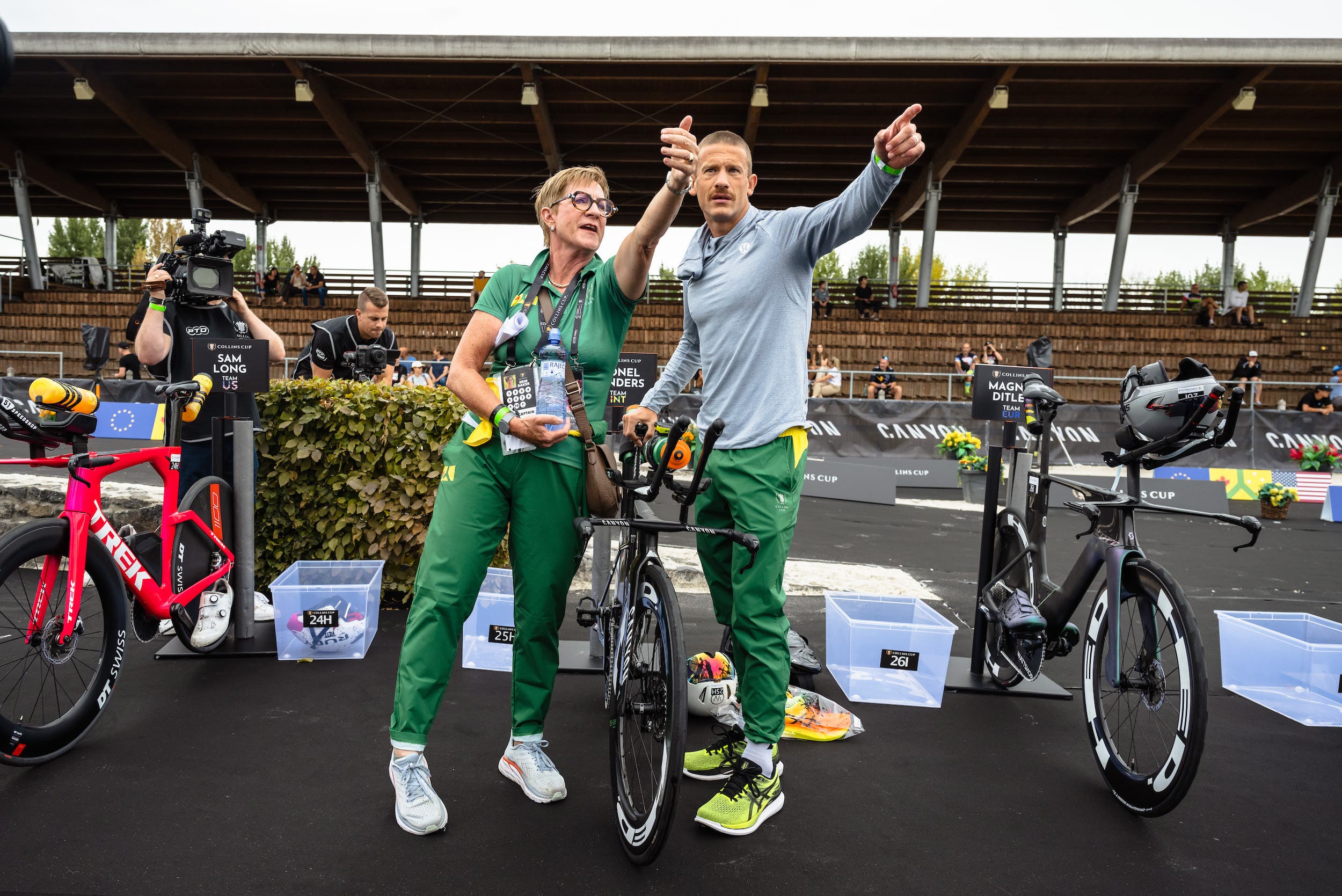 Triathlete Erin Baker coaches Lionel Sanders at the PTO Collins Cup