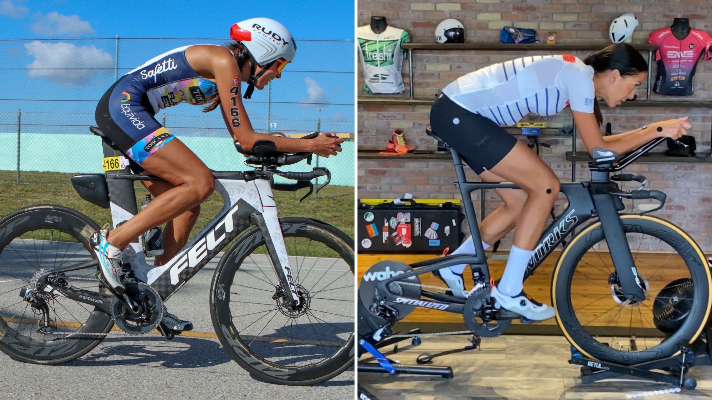 A before and after shot of an aero position bike fit.