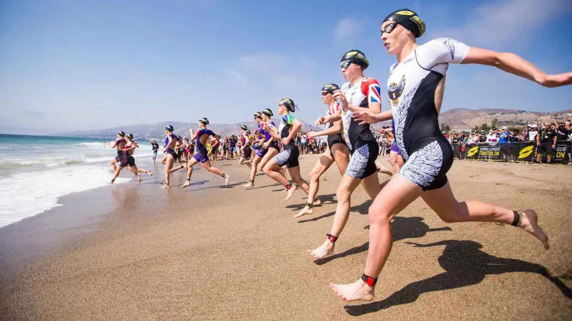 Athletes enter the water on the Super League Malibu Livestream