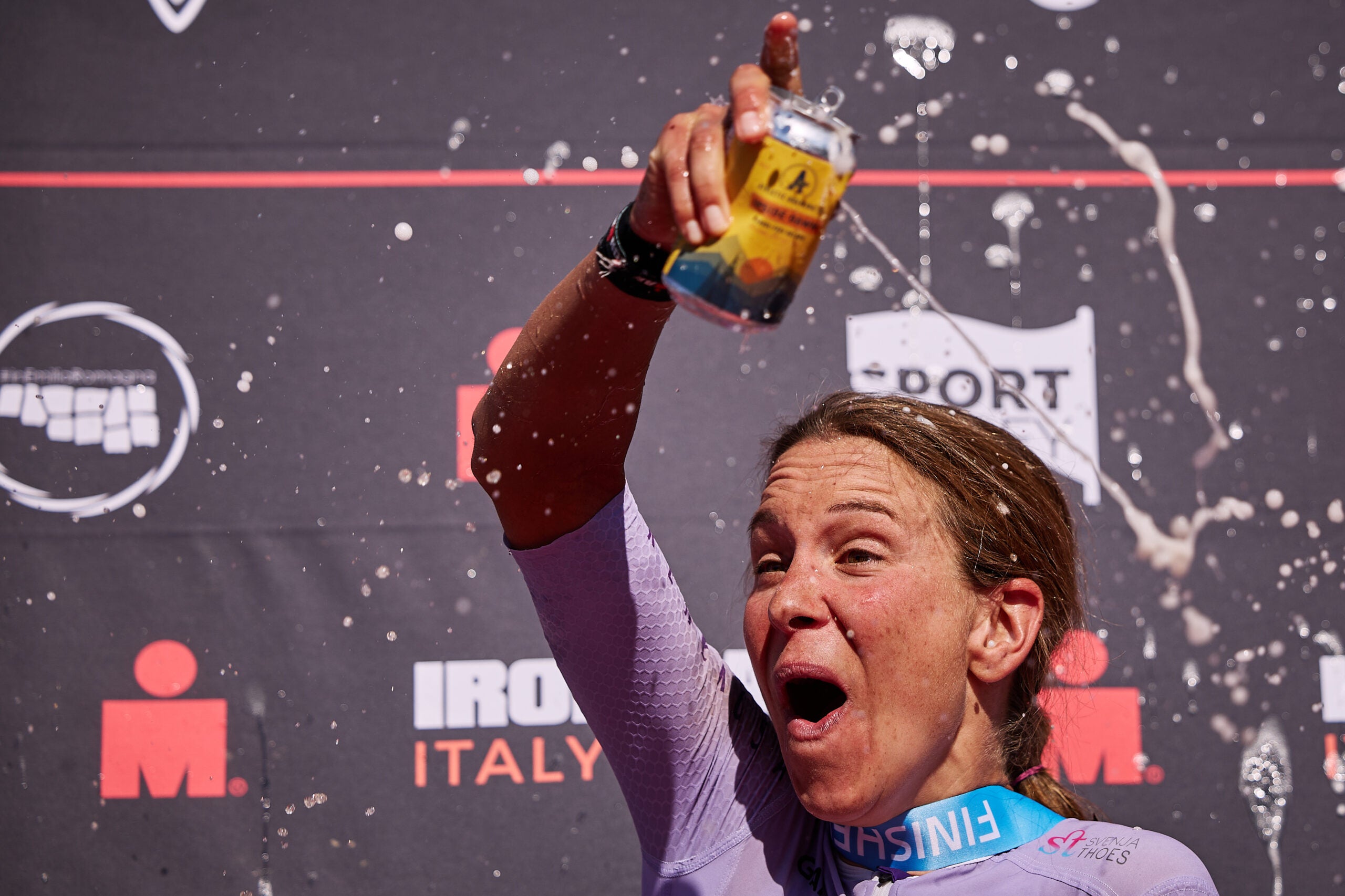 Svenja Thoes of Germany celebrates during the IRONMAN Emilia Romagna medal ceremony on September 18, 2022 in Cervia, Italy.