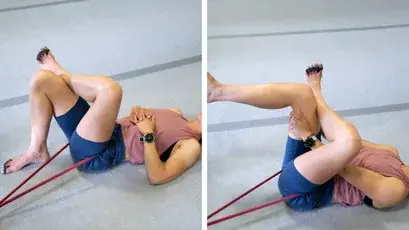 An athlete does hip mobility exercises