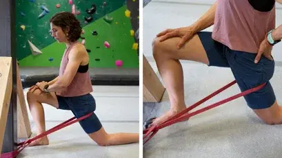 An athlete does hip mobility exercises