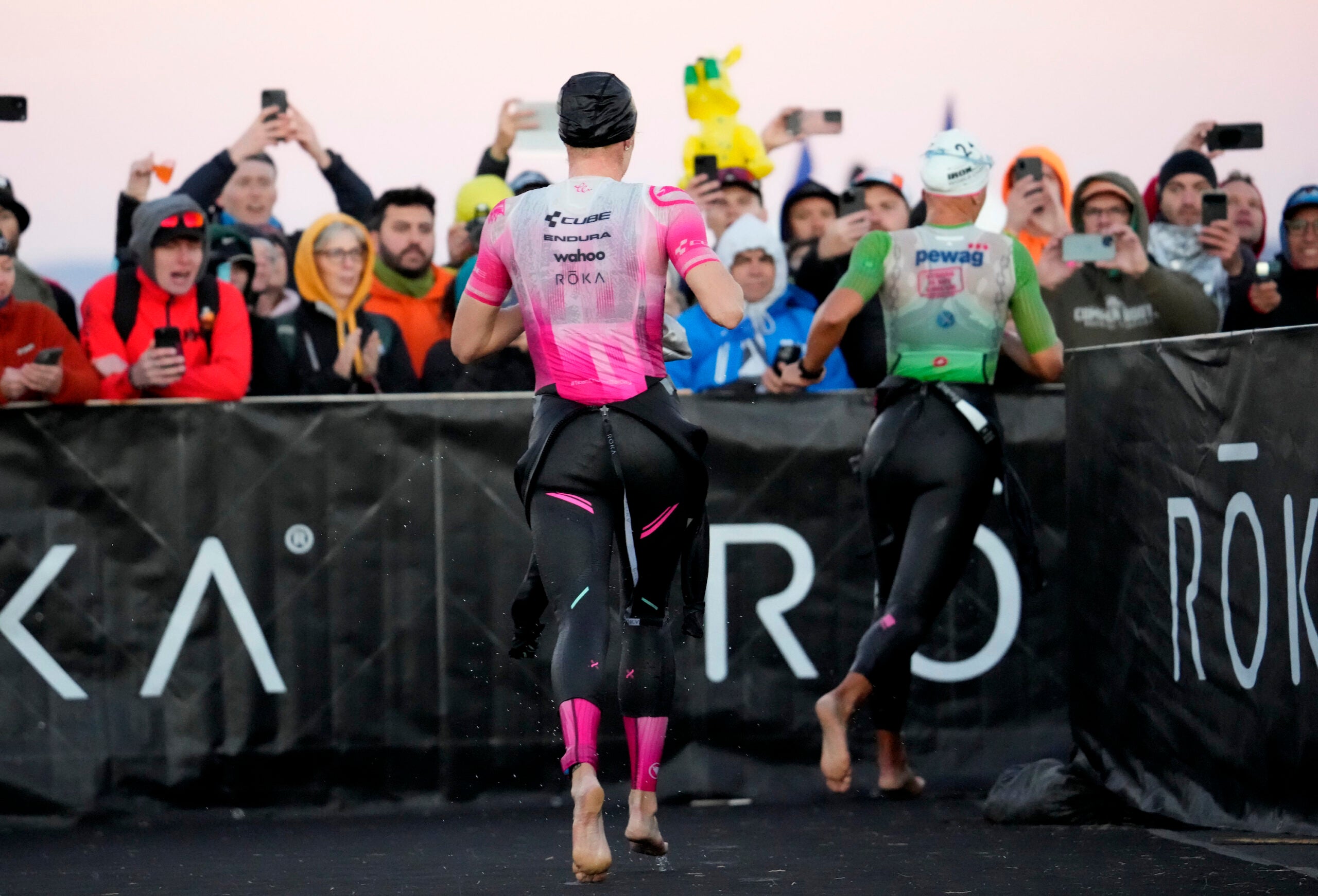 Lucy Charles-Barclay Lotte Wilms finish the pomen's pro swim leg during the 2022 IRONMAN 70.3 World Championship.