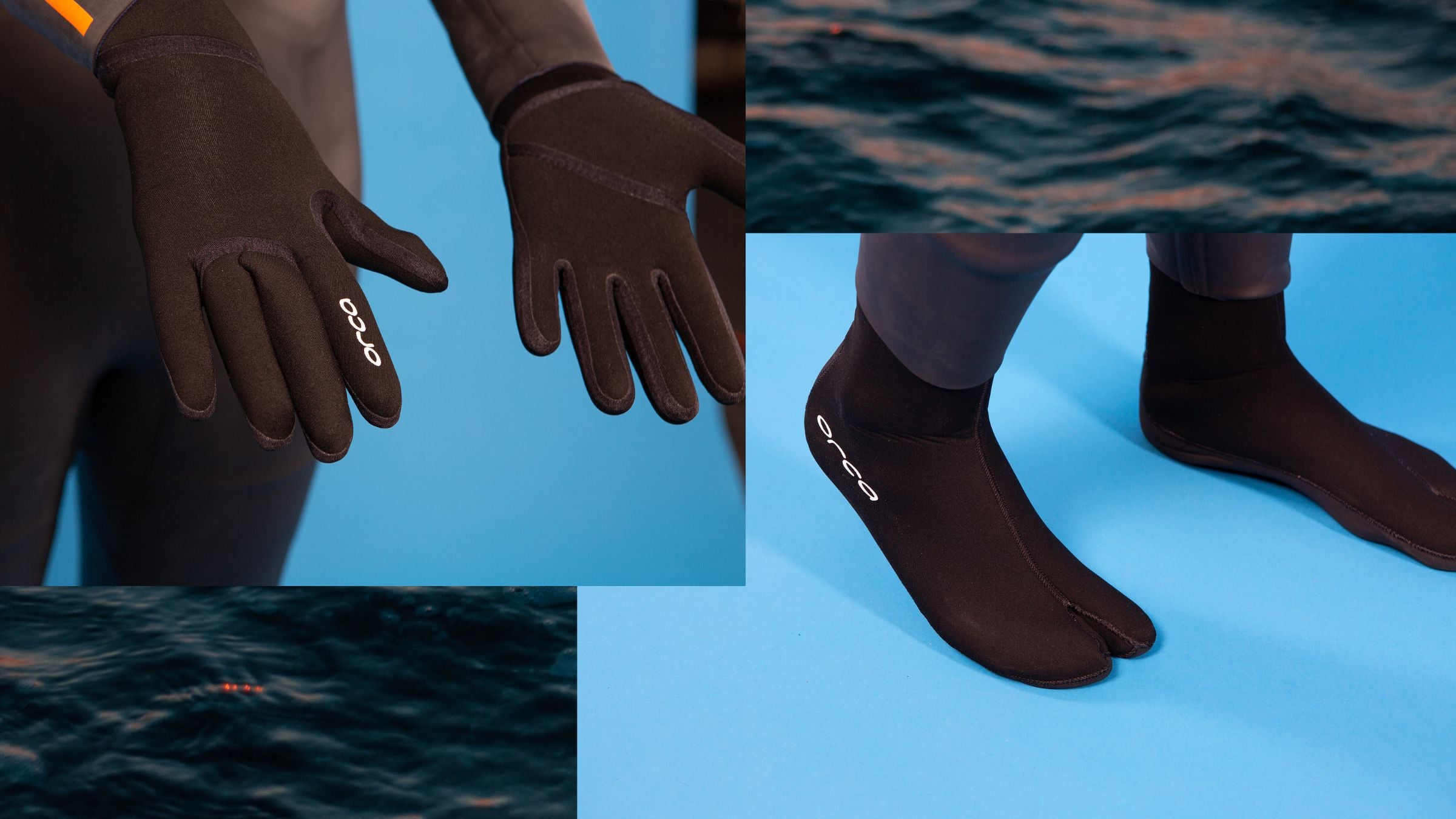 a model demonstrates booties and gloves for What to wear for cold open-water swim